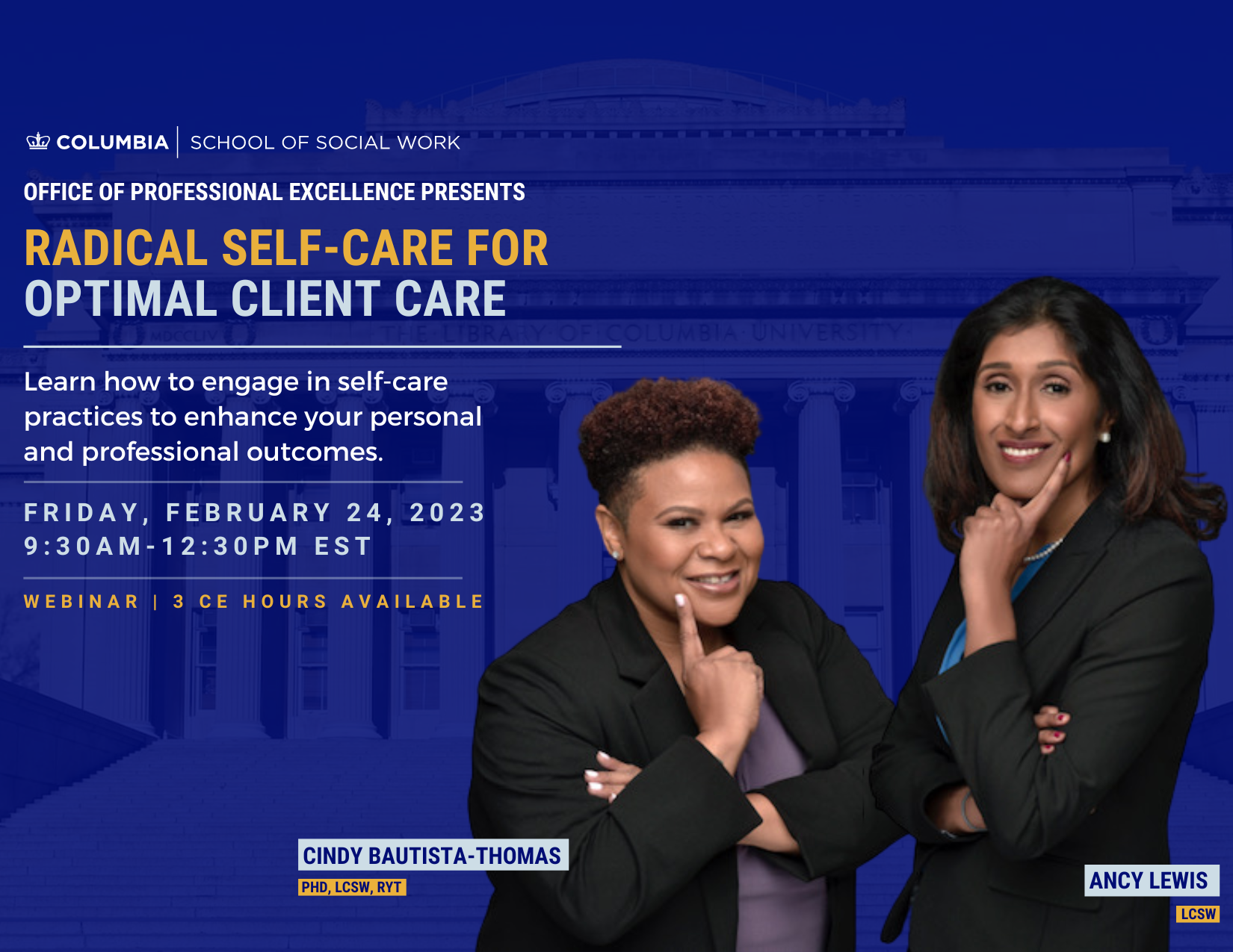 Radical Self-Care for Optimal Client Care Event information with headshots of Cindy Bautista-Thomas and Ancy Lewis 